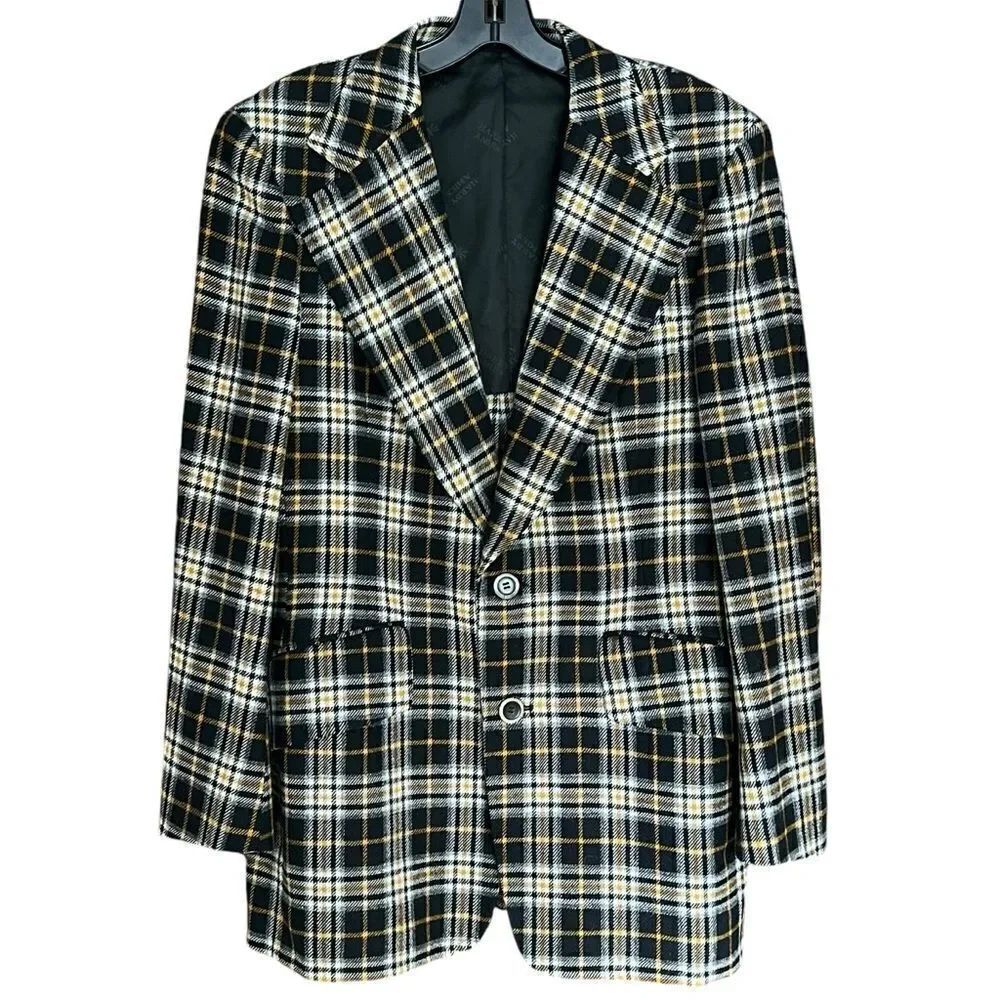 Hardy Amies of London Blazer Sport Coat. Plaid black/gray/gold/white. Sz 42R